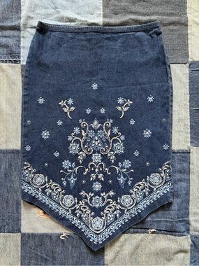 90s Beaded Asymmetrical Hem Rave 4 Real Denim Skirt Stretch Paisley Floral S